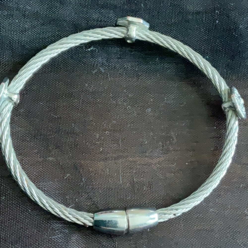 Paved Silver tone 3 Charm Rope Bangle - Picture 4 of 4